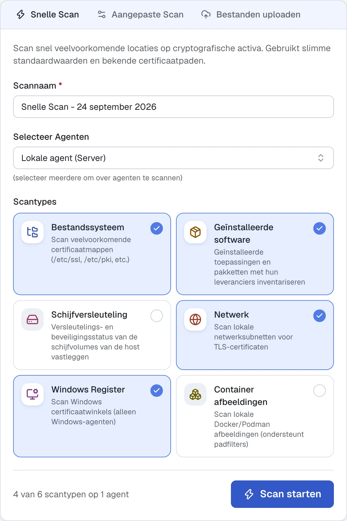 Cryptoramic Quick Scan met ondersteunde scantypes en agentselectie.