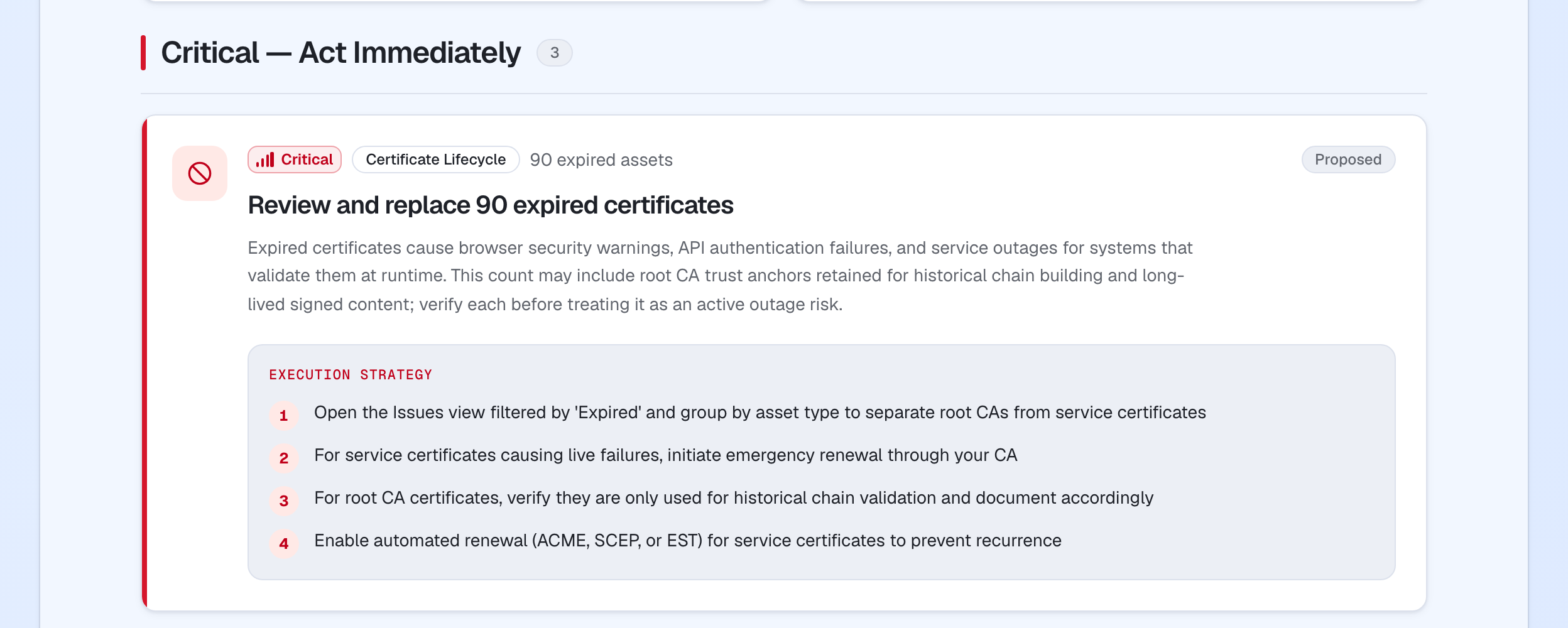 Cryptoramic action plan showing a certificate replacement action and suggested execution steps for review.